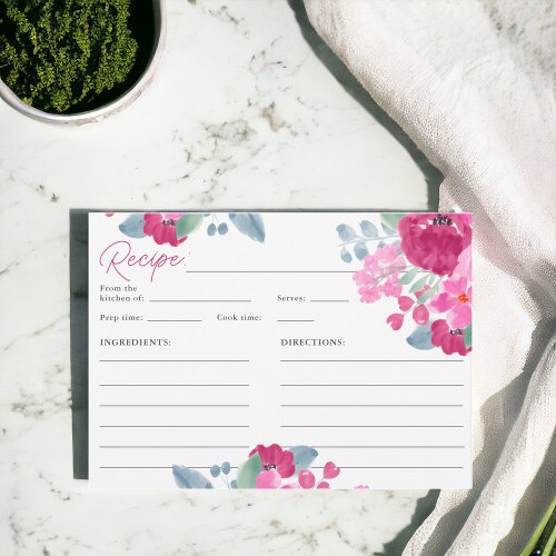 Bold pink plum floral watercolor bridal recipe  invitation