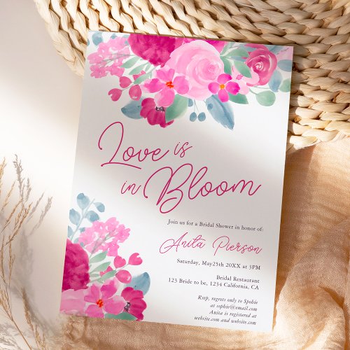 Bold pink plum floral watercolor bridal shower invitation