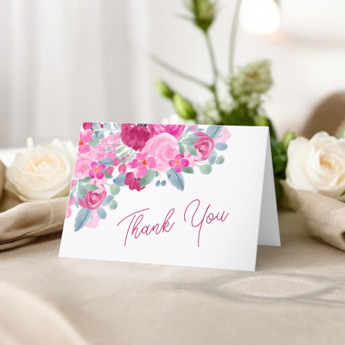 Bold pink plum floral watercolor bridal shower thank you card