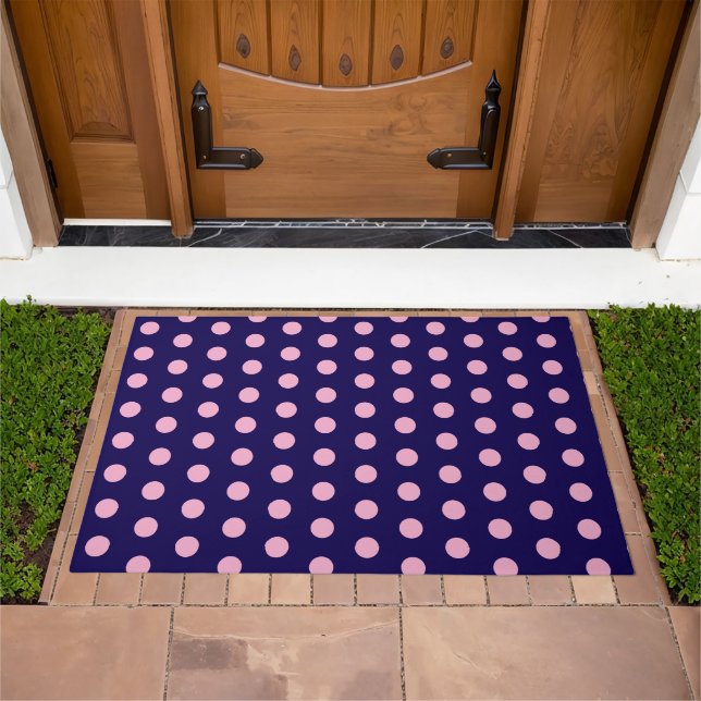 Bold Pink Polka Dots on Navy Blue  Doormat (Outdoor)