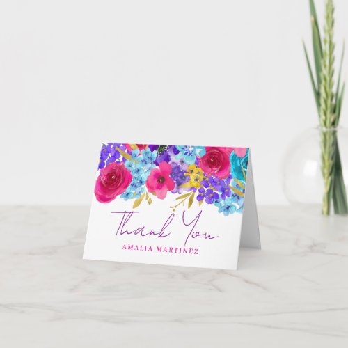 Bold Pink Purple Blue Floral Bridal Shower Photo Thank You Card