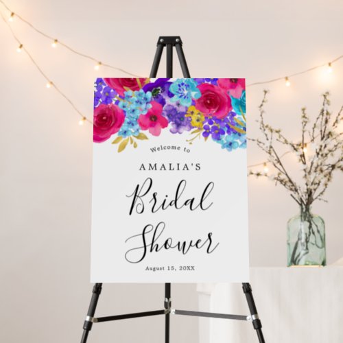 Bold Pink Purple Blue Floral Bridal Shower Welcome Foam Board