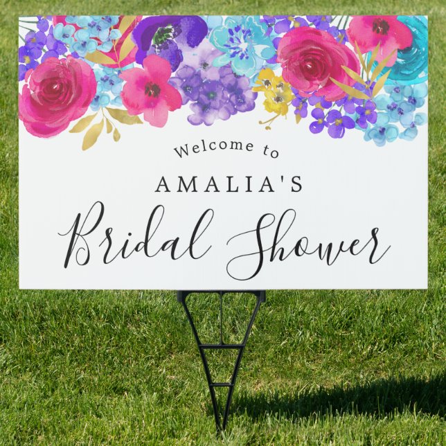 Bold Pink Purple Blue Floral Bridal Shower Welcome Sign (Insitu)