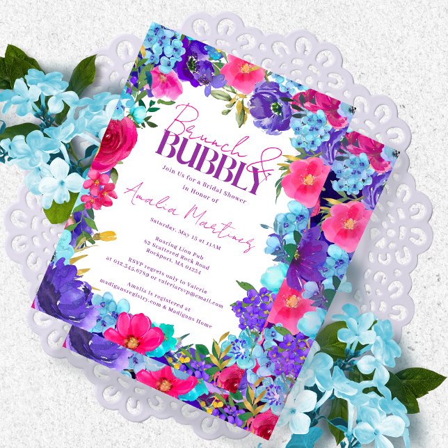 Bold Pink Purple Blue Watercolor Brunch Bubbly Invitation (Creator Uploaded)