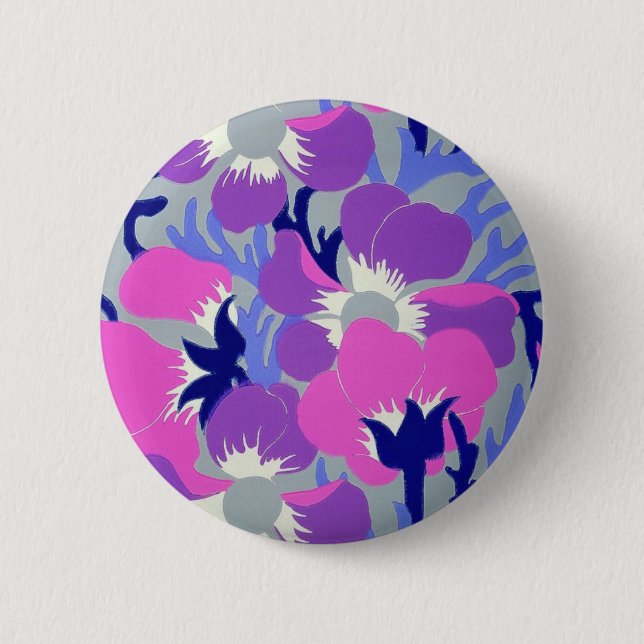 Bold Pink & Purple Windflower Pattern Retro  Pinback Button (Front)