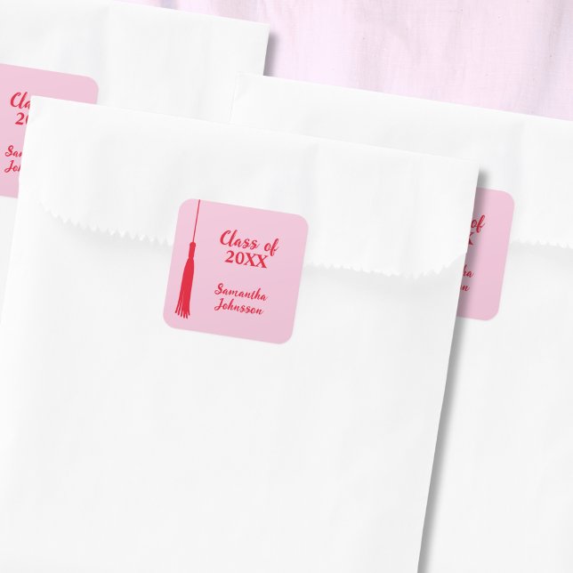 Bold Pink & Red 2026 Grad Tassel Graduation  Square Sticker (Bold Pink & Red 2024 Grad Tassel Graduation Square Sticker)