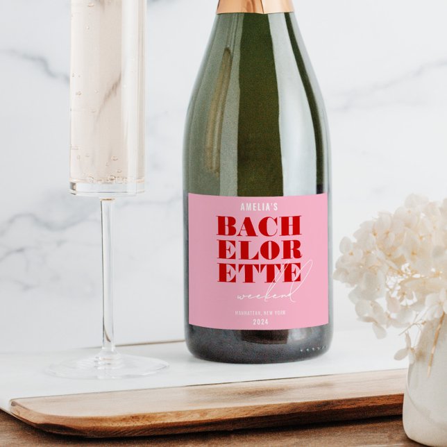 Bold Pink & Red Bachelorette Weekend Sparkling Wine Label (Creator Uploaded)