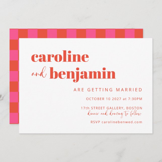 Bold Pink Red Checkerboard All-in-One Wedding Invitation (Front/Back)