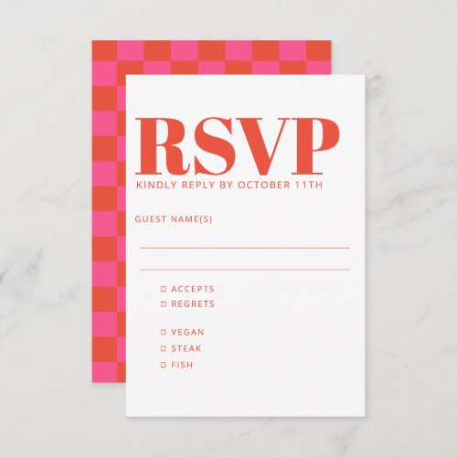 Bold Pink Red Checkerboard Pattern Wedding Meal RSVP Card