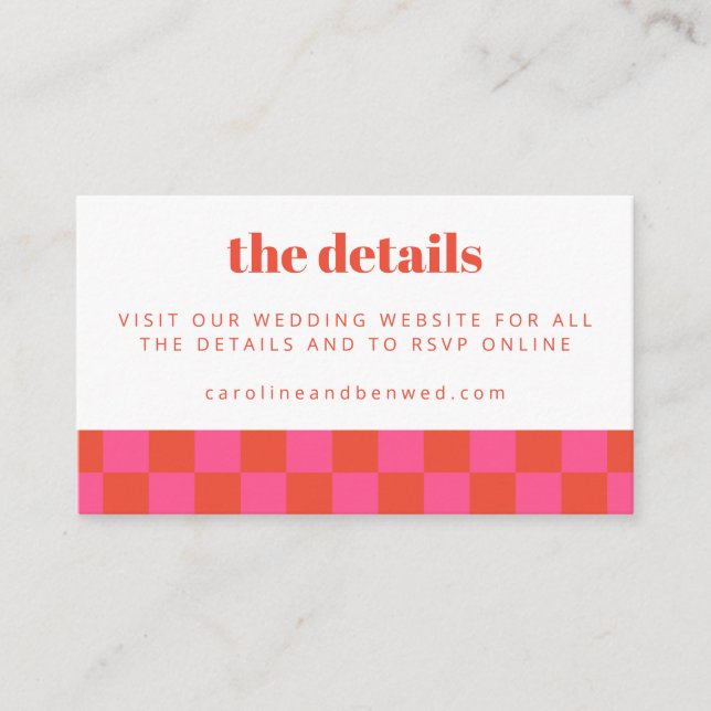 Bold Pink Red Checkerboard Wedding Website QR Code Enclosure Card (Front)