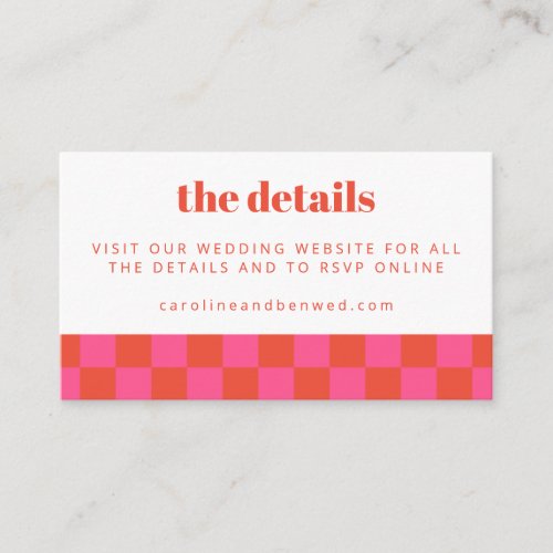 Bold Pink Red Checkerboard Wedding Website QR Code Enclosure Card