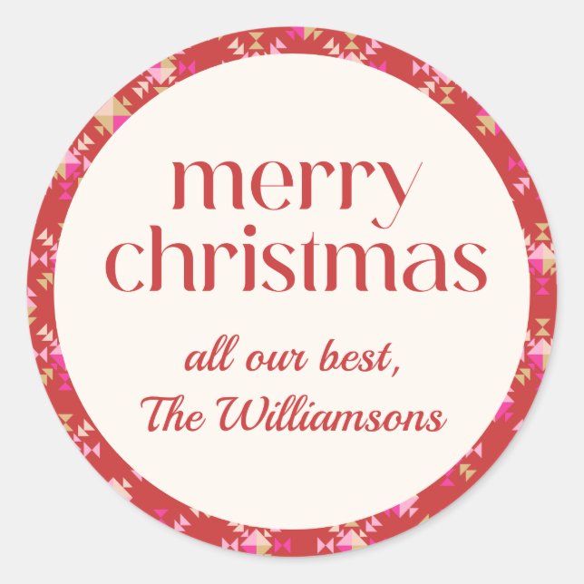 Bold Pink Red Gold Geometric Personalized Name Classic Round Sticker (Front)