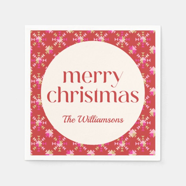 Bold Pink Red Gold Geometric Personalized Name Napkins (Front)