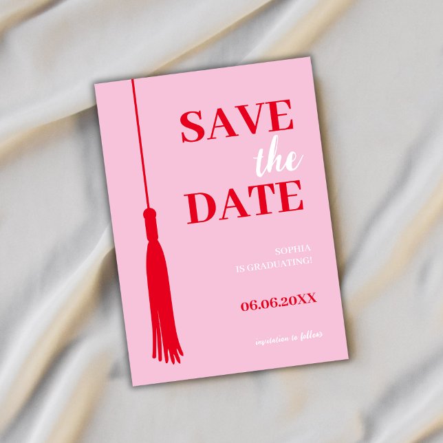 Bold Pink & Red Grad Tassel Graduation Save The Date (graduation save the date card grad tassel elegant minimalist simple bold pink red class of 2024)