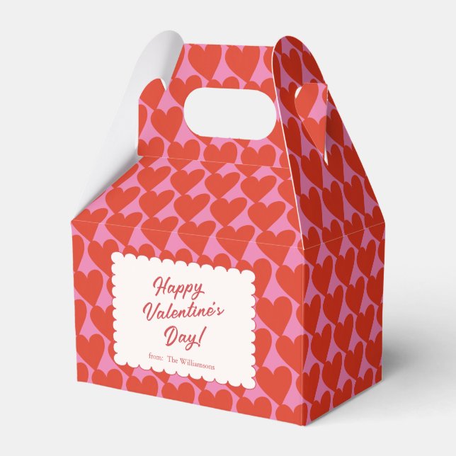 Bold Pink Red Heart Valentines Personalized Name Favor Boxes (Front Side)