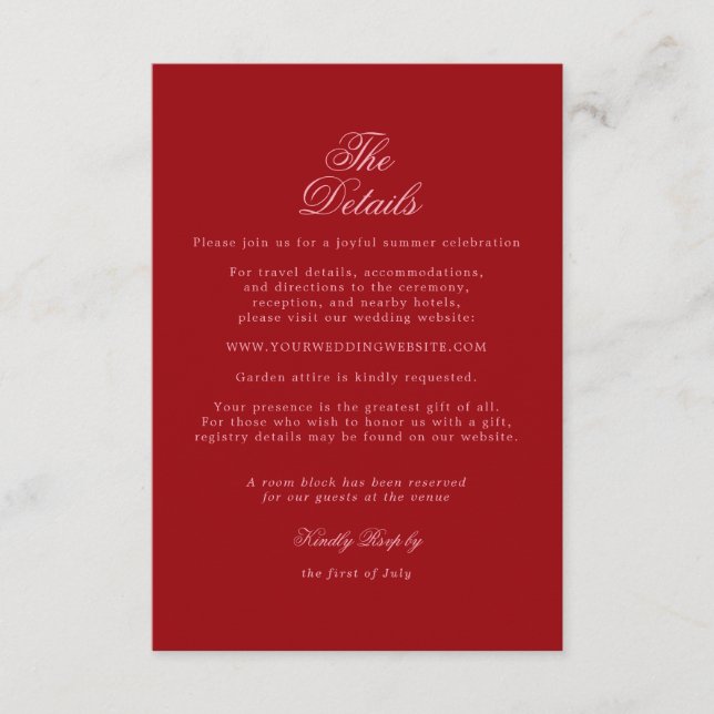 Bold Pink Red Minimalist Script Wedding Details Enclosure Card (Front)