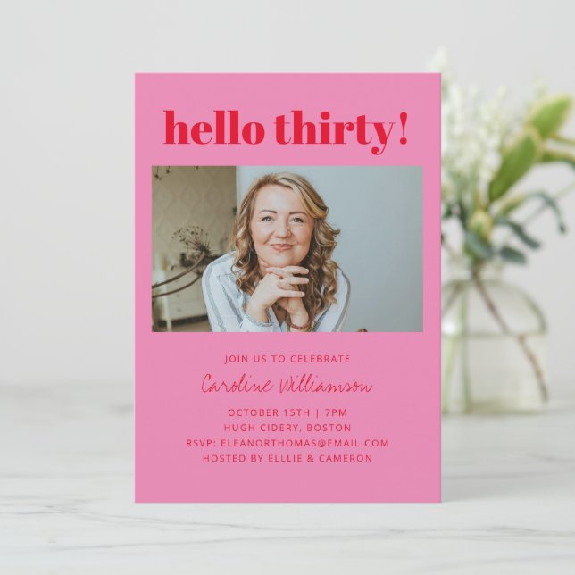 Bold Pink Red Modern 30th Photo Birthday Party Invitation (Standing Front)