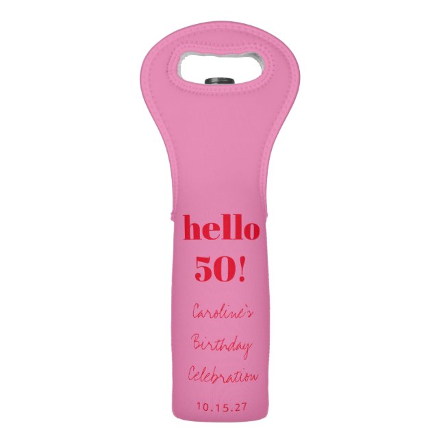 Bold Pink Red Modern 50th Birthday Custom Wine Bag (Front)