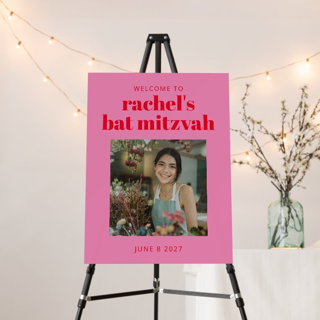 Bold Pink Red Modern Bat Mitzvah Photo Welcome  Foam Board (In Situ (Stand))