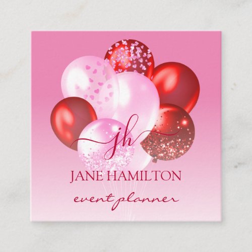 Bold Pink Red Monogram Balloons Square Business Card