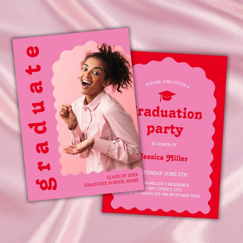 Bold Pink  Red Retro Font Wavy Photo Graduation Invitation