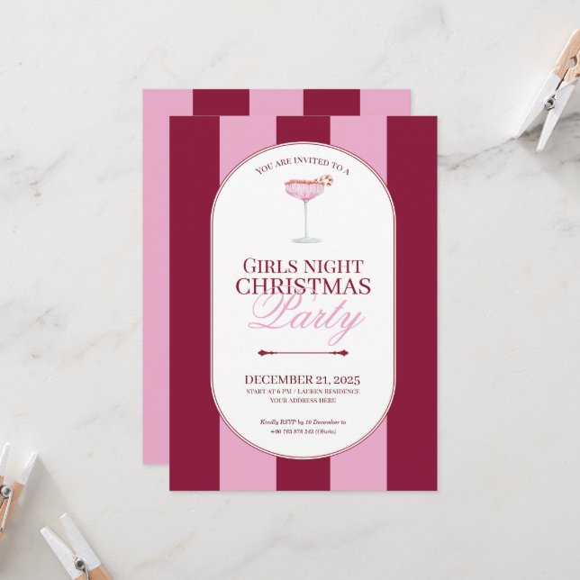 Bold pink red stripe Girls Christmas Invitation (Front/Back In Situ)