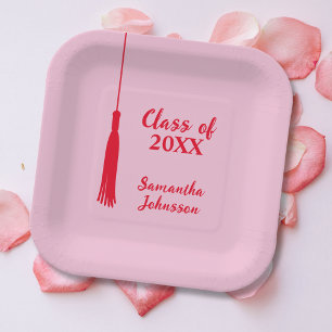 Bold Pink & Red Tassel Personalized Graduation Paper Plates