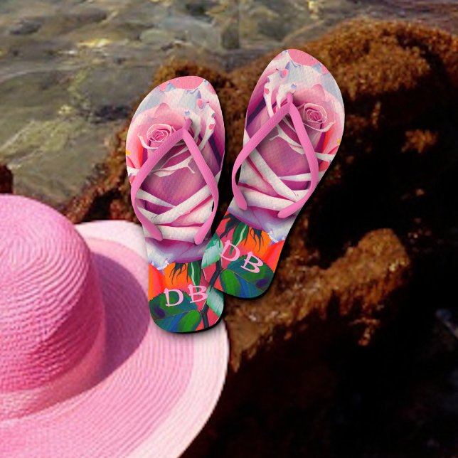 Bold Pink Rose Bohemian Artsy Floral Monogrammed  Flip Flops (Creator Uploaded)