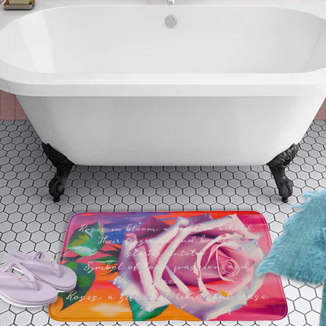 Bold Pink Rose in Bloom Poem Bohemian Artsy Bath Mat (Creator Uploaded)