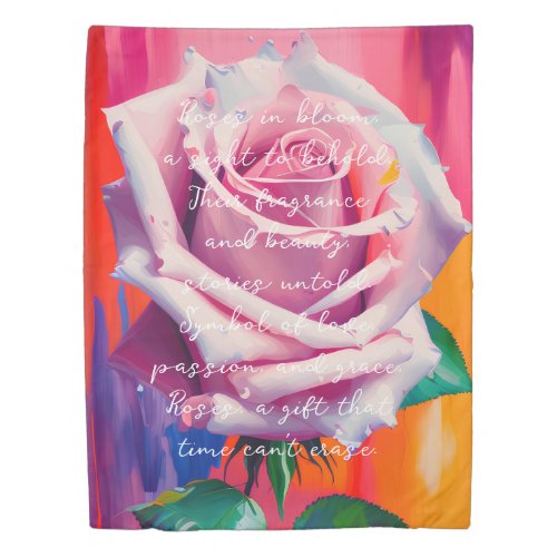 Bold Pink Rose in Bloom Poem Bohemian Artsy Duvet Cover