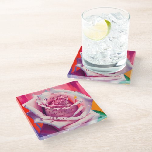 Bold Pink Rose in Bloom Poem Bohemian Artsy Glass Glass Coaster