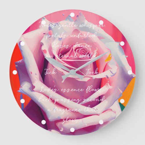 Bold Pink Rose in Bloom Poem Bohemian Artsy Large Clock
