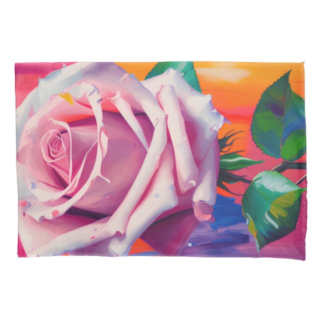 Bold Pink Rose in Bloom Poem Bohemian Artsy Pillow Case (Front-Left)