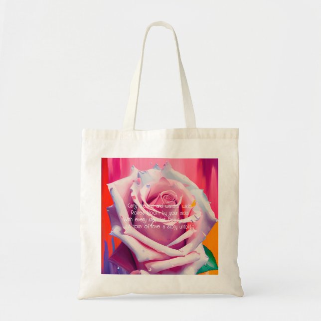 Bold Pink Rose in Bloom Poem Bohemian Artsy Tote Bag (Front)