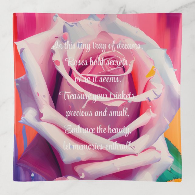 Bold Pink Rose in Bloom Poem Bohemian Artsy Trinket Tray (Front)