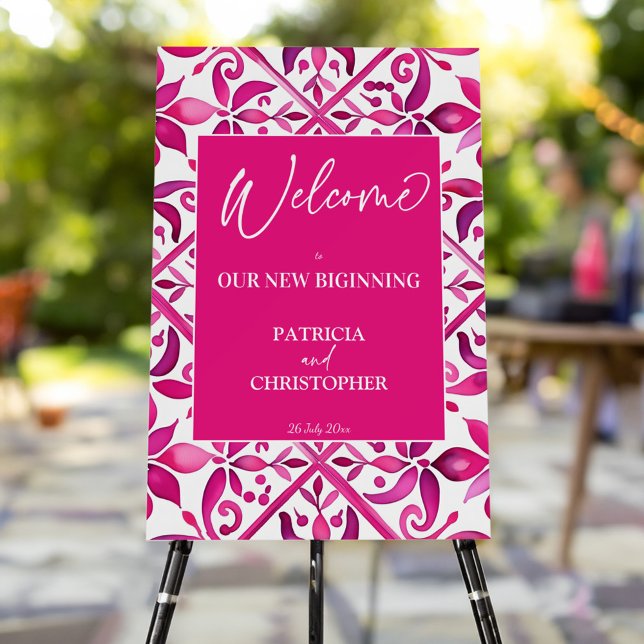 Bold pink Spanish talavera tiles wedding welcome Foam Board (Bold pink Spanish talavera tiles vintage Mexican wedding welcome sign Board personalized decor)