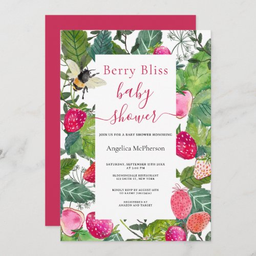 Bold Pink Strawberries Floral Frame Baby Shower Invitation
