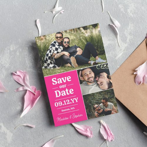 Bold Pink Typography Photo Collage Save The Date