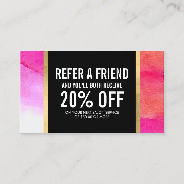 Bold Pink Watercolors Lash Extensions Referral Card (Front)