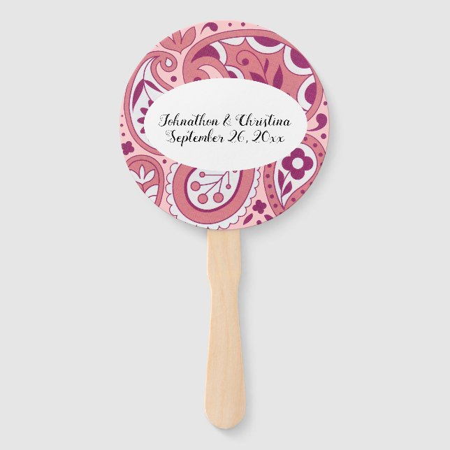 Bold Pink White Paisley Design Tear Drops Oval Hand Fan (Front)