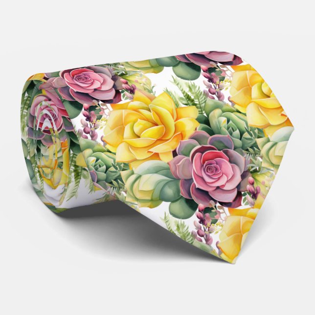 Bold Pink Yellow Green Succulents Neck Tie (Rolled)