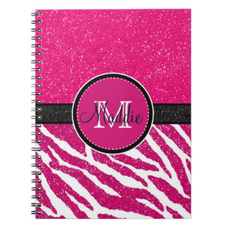 BOLD PINK ZEBRA STRIPES NAME PINK GLITTER NOTEBOOK