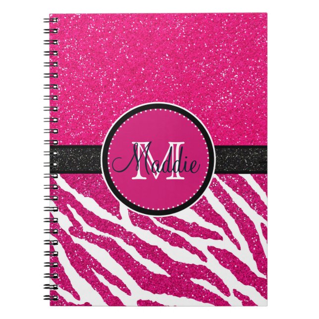 BOLD PINK ZEBRA STRIPES NAME PINK GLITTER NOTEBOOK (Front)