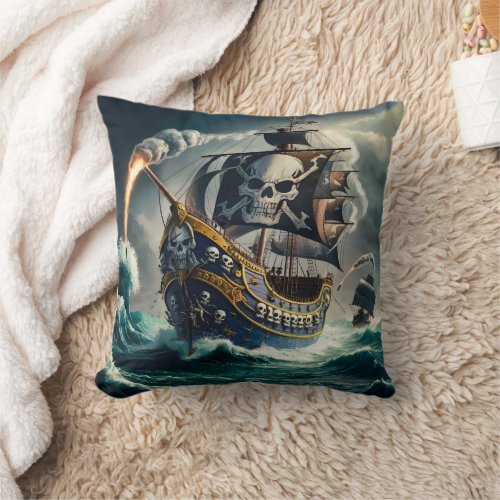 Bold Pirate Ship Navigating Stormy Seas at Dusk Throw Pillow