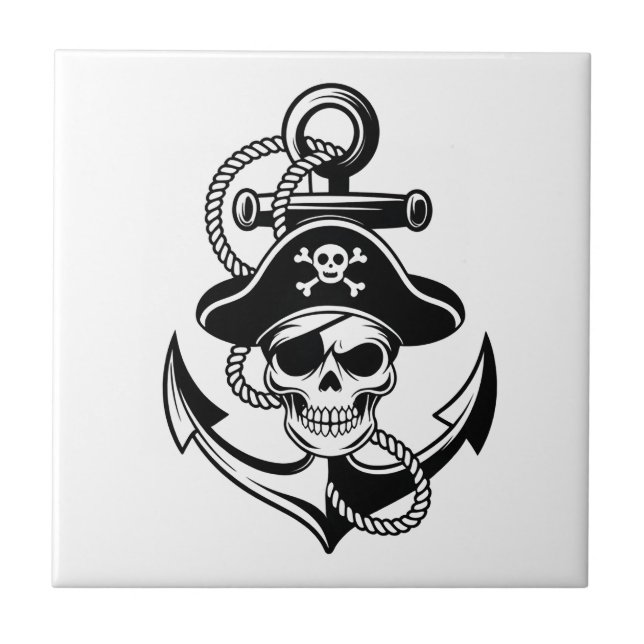Bold Pirate Skull and Anchor – Nautical Design Ceramic Tile (Front)
