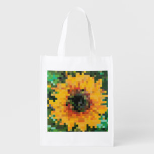 Bold pixel art sunflower with yellow and green grocery bag