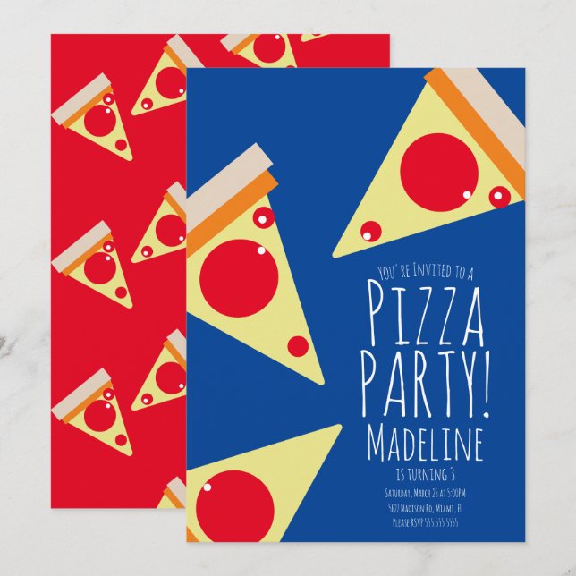 Bold Pizza Birthday Party Restaurant Blue Invitation (Front/Back)