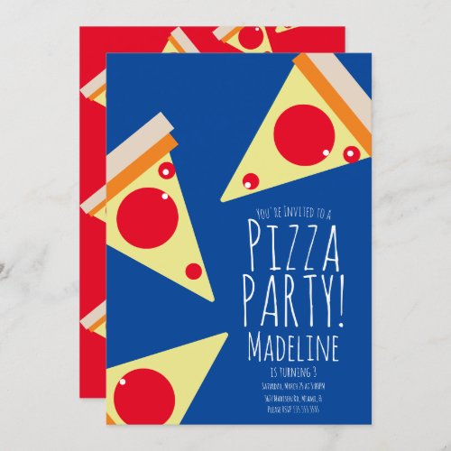 Bold Pizza Birthday Party Restaurant Blue Invitation