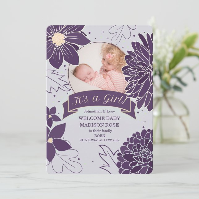 Bold Plum Botanical It's a Girl Birth Announcement (Standing Front)
