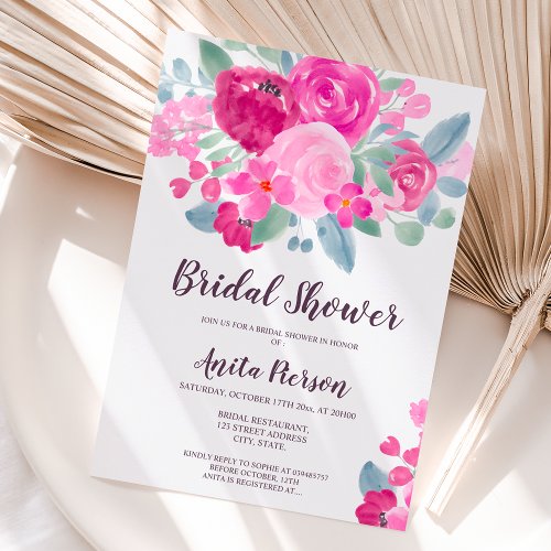 Bold plum fall floral watercolor bridal shower invitation